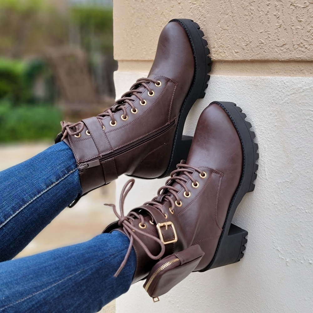 Brown Women’s Lace Up Heeled Ankle Boots Lug Sole Detachable Pouch - Picture 2 of 6